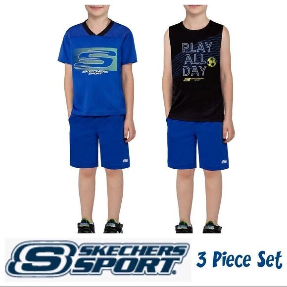 NEW! NWT SKECHERS Boys Kids 3 piece SOCCER Sport Set in Color Blue & Black - Picture 1 of 11